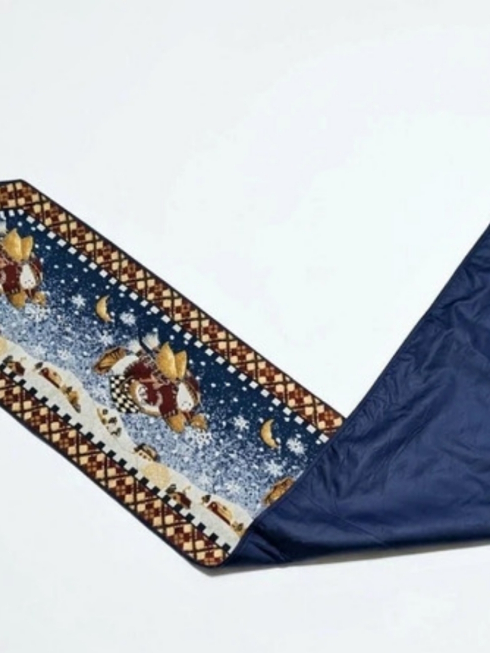 Vintage Holiday Snowman Woven Tapestry Table Runner Navy Blue Plaid Tassels 71."